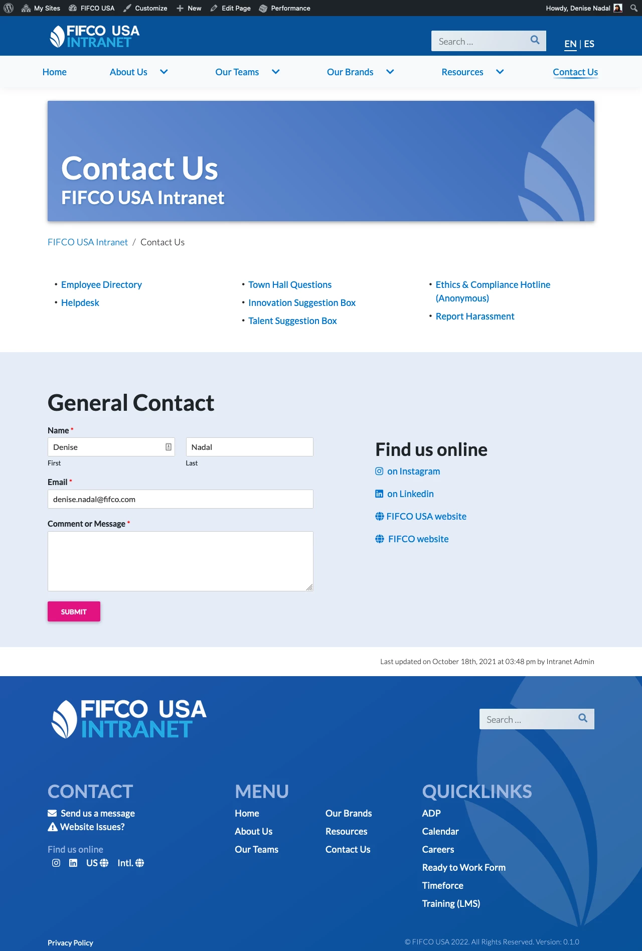 Contact page - Desktop size